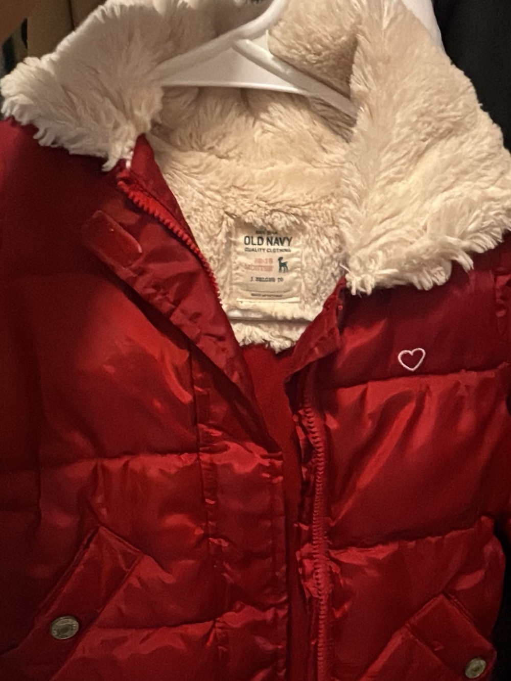Old Navy Red Puffer Jacket with Cream Faux-Fur Collar